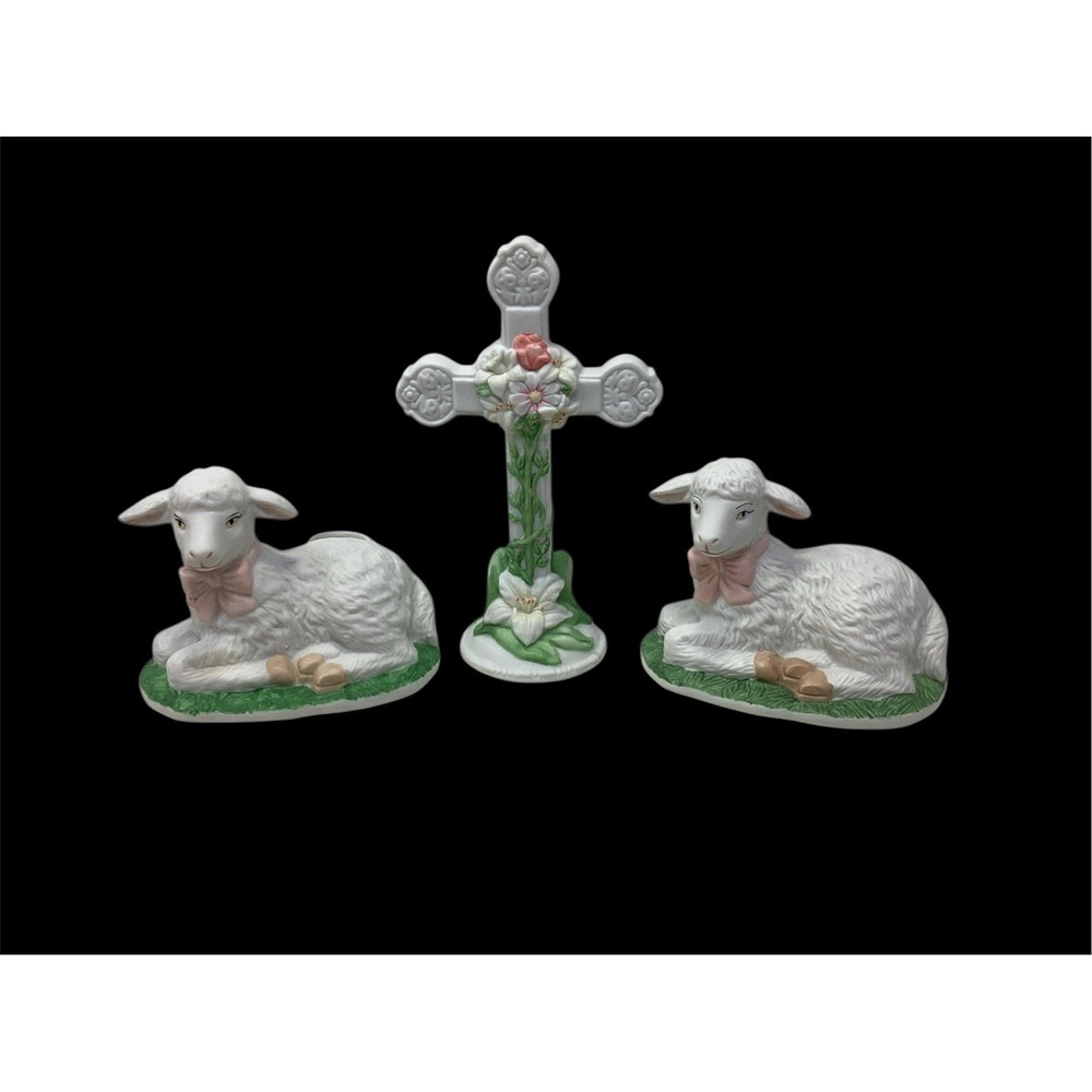 Vtg Porcelain Lamb (2)Taper Candle Holders W/Cross Figurines Easter Springtime